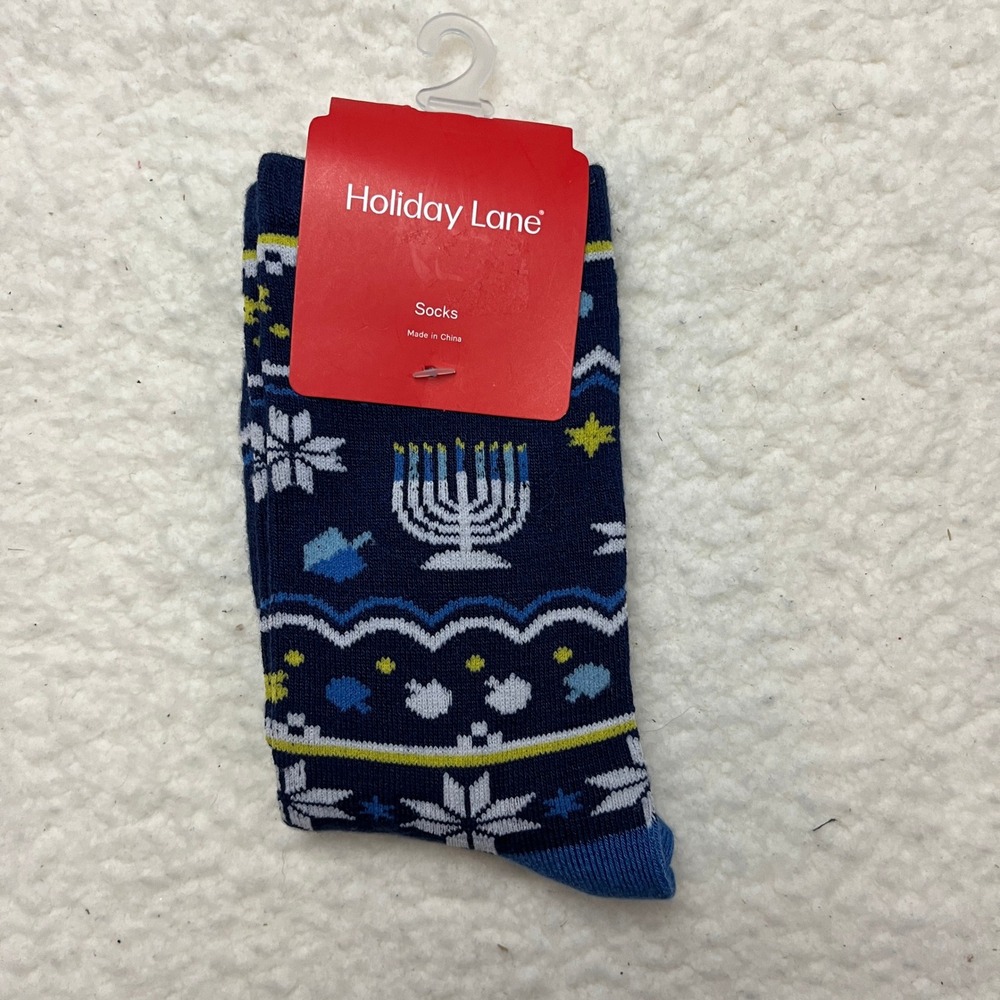 Holiday Lane Socks Men 9-11 Blue Hanukkah Menorah Dreidel Crew Socks HL-Z2400140